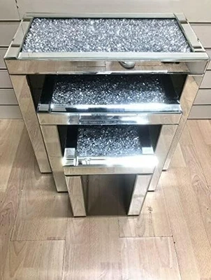 Crushed Diamond Coffee Table Nest Set Mirrored Silver Glass Wood Rectangular - Image 1 of 4
