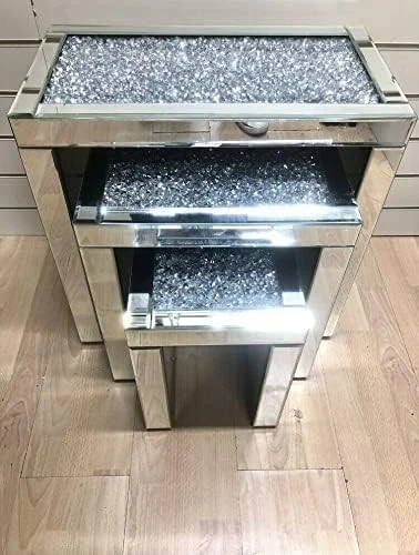 Crushed Diamond Coffee Table Nest Set Mirrored Silver Glass Wood Rectangular - Image 1 of 4