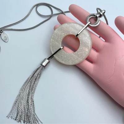 Elegant Chico’s Long Silver Necklace White Resin Donut Pendant w/ Tassel - Image 1 of 4