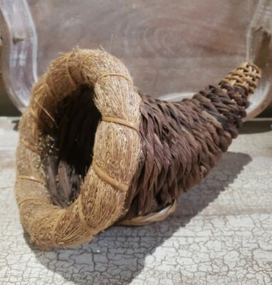 Vintage Unique Thanksgiving Woven Wicker Cornucopia Horn of Plenty Basket 13" - Image 1 of 4