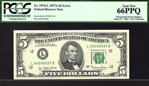 USA, 5 Dollars, 1977 A, Fr.1975-L, ERROR, Federal Reserve Note, PCGS 66PPQ,RARE - Picture 1 of 2