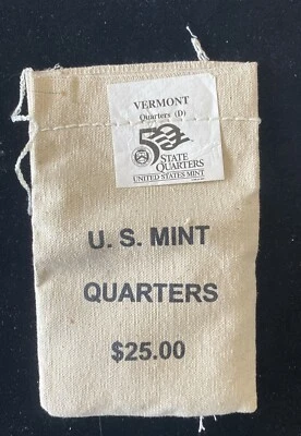 2001-D Vermont Quarters $25 Mint Sewn Bag in Opened Box - Image 1 of 2