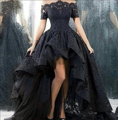 Vestido de novia negro gótico alto-bajo fuera del hombro línea A encaje vestido de novia talla grande Foto 1 de 4
