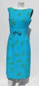 Vtg 50s 60s JEANETTE ALEXANDER (14) 6 Blue Green Floral Rayon Sheath Midi Dress - Picture 1 of 6