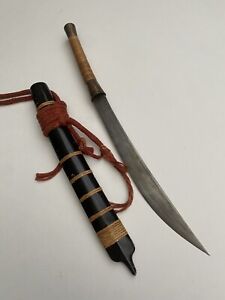 Vintage Thai dha daab sword knife tanto wood scabbard rattan wrapped hilt solid