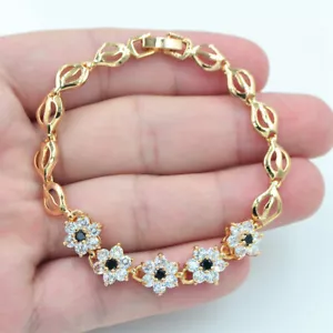 18K Yellow Gold Filled Women Black Mystic Topaz Cute Flowers Charm Bracelet - Picture 1 of 12