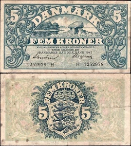 5 Kroner 1942 - Prefix H - Series: 1252978 - Denmark - Pick:30g  -"F" - C44 - Picture 1 of 4