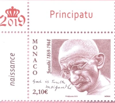 Mônaco 2019 150º aniversário do nascimento de Mahatma Gandhi selo com canto, sem marca de charneira - Imagem 1 de 2