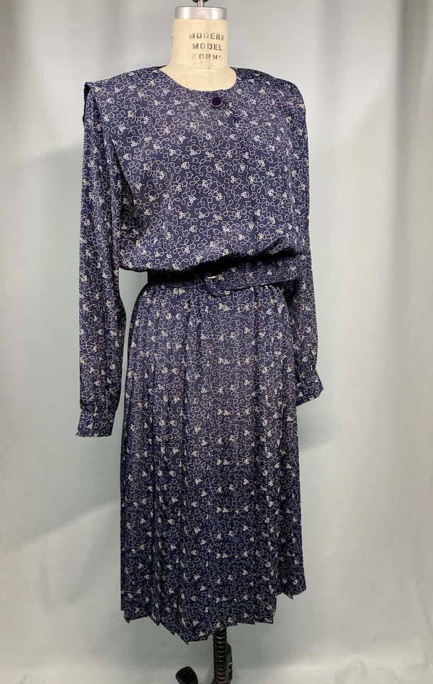 Vestido Vintage TALLA EXTRA GRANDE 12 XL Azul Marino Blanco LESLIE FAY Años 80 90 Modesto Foto 1 de 4