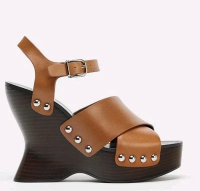 Sandalias de cuña de cuero ZARA talla (41) EE. UU. 10 marrón plataforma boho chic vibraciones geniales Foto 1 de 4