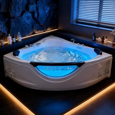 59" Corner Whirlpool Tub 2-Person, 6 Hydro Jets Chromatherapy LED Light in US - Image 1 of 4