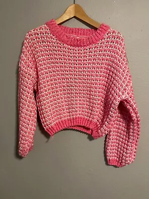 Vintage Handmade Womens Sweater Large Pink Crochet Chunky Knit Crop Grannycore - Image 1 of 4