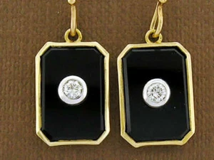 Genuine 9ct Yellow Gold NATURAL Diamond 0.20ct & Onyx Drop Earrings - Picture 1 of 5