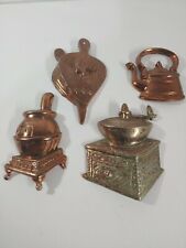 Vintage Metal Kitchen Wall Plaques Grinder, wood stove Bellows and Teapot