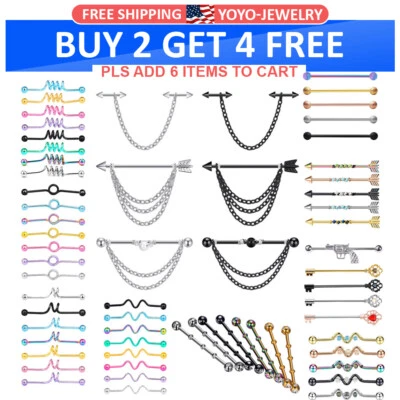 14G Assorted Industrial Earring Barbell Stainless Steel Chain Cartilage Piercing - Image 1 of 4