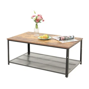 2-Tier Wooden Coffee Table Retro Industrial Style Side Desk Living Room Shelf - Picture 1 of 6
