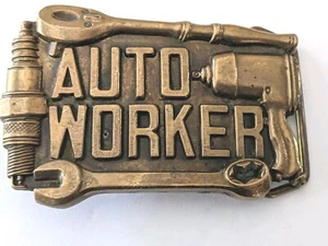 Vintage 1981 Auto Worker Solid Brass Belt Buckle 6247 - Baron Buckles - Picture 1 of 3