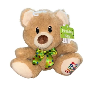 American Greetings Happy Birthday Tan Teddy Bear Plush Green Polka Dot Bow Tie - Picture 1 of 6
