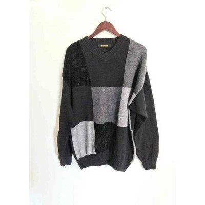 Suéter Vintage Bachrach Patchwork Para Hombre Talla XL Negro Gris Pullover Chenilla Foto 1 de 4