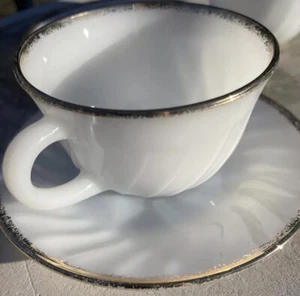 1950s Vintage Anchor Hocking Fire King 22K Gold Rim Cups Saucers Milk Glass - Picture 1 of 10