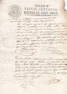 1867 y 1868 Sello 5 Peru Stamped Revenue Document Republica Peruana - Picture 1 of 2