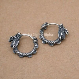 925 Sterling Silver Oriental Dragon Huggie Hoop Earrings Men Women A4622 - Picture 1 of 9