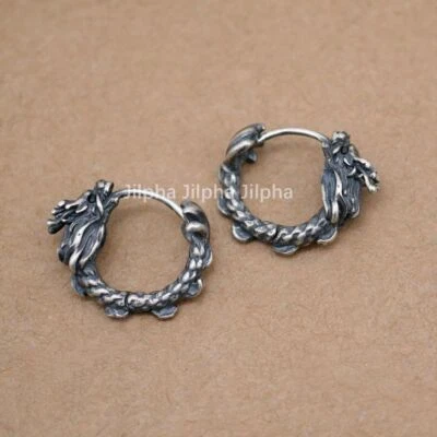 925 Sterling Silver Oriental Dragon Huggie Hoop Earrings Men Women A4622 - Image 1 of 4