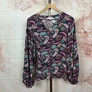 LOFT paisley balloon sleeve top size L button up purple green casual office - Imagen 1 de 5