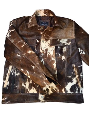 Chaqueta de cuero de vaca occidental para hombre pelo real piel de pony elegante abrigo de camionero Foto 1 de 4