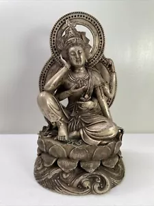 Statua in bronzo vintage della dea buddista Vasudhara che tiene loto 10" - Foto 1 di 11