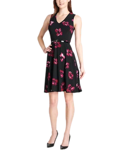 Tommy Hilfiger Women's Floral Belted Fit & Flare Dress (4, Black Multi) - Picture 1 of 4