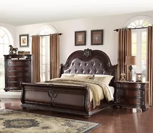 Formal Vintage Style Luxury 3pc Brown Finish Queen Size Panel Bed Set Solid Wood - Picture 1 of 11