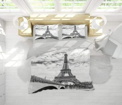 Paris Eiffel Tower Duvet Cover Set Chic Black & White French Style 3 Piece Twin - Photo 1/3