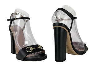 Gucci Auth 8 US 38 EU Black Leather Silver Horsebit Sandals Heels Shoes Platform - Picture 1 of 8