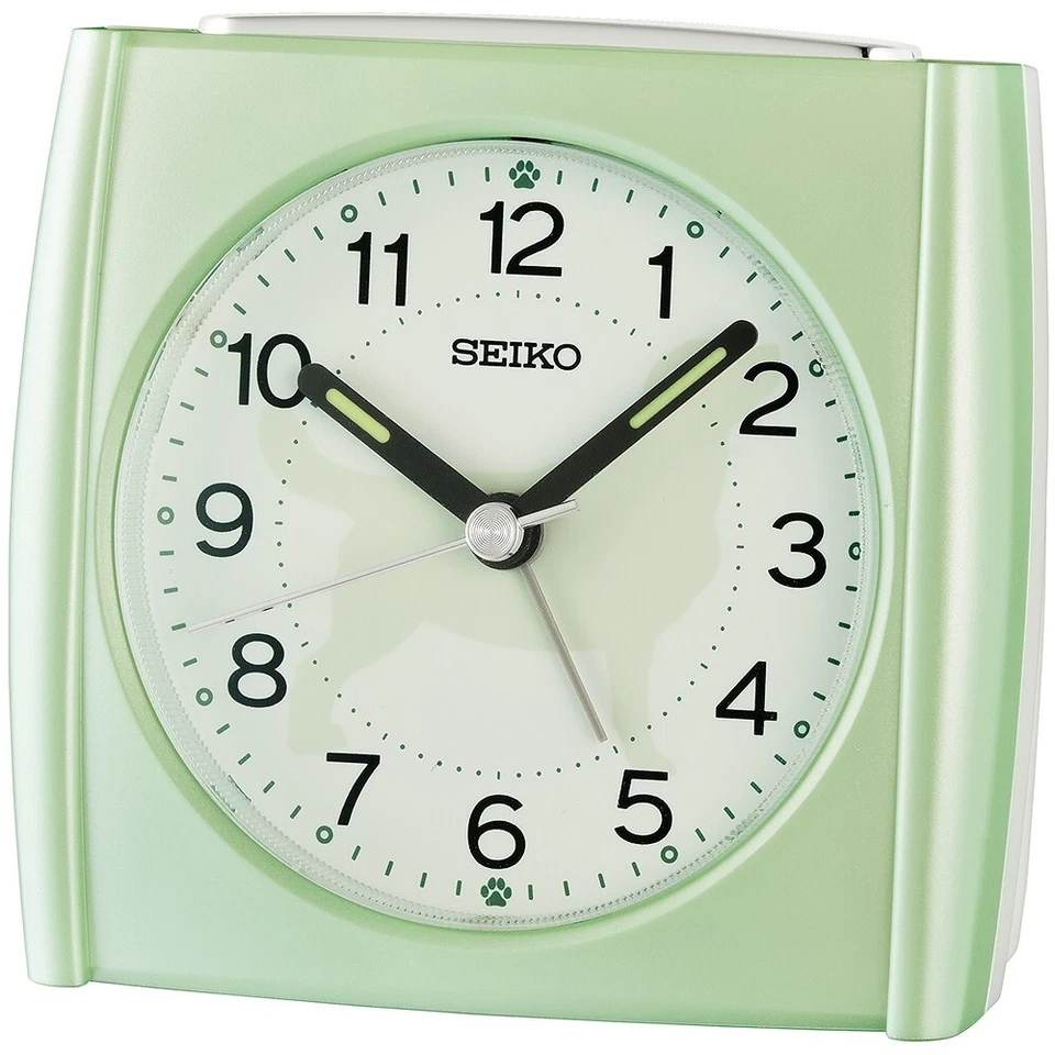 RELOJ DESPERTADOR Seiko verde como nuevo perro cachorro cabecera qhe209m luz repetición barrido de pitido Foto 1 de 3