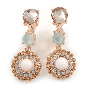 Striking Milky White/ Champagne Crystal Drop Clip On Earrings In Rose Gold Tone