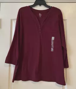 Kim Rogers Women's XL Perfectly Soft Henley 3/4 Sleeve Burgundy Top NWT - Picture 1 of 7