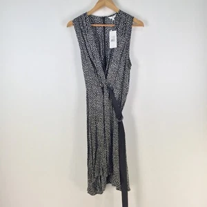 Cue dress womens 14 fit flare black polka dot sleeveless belt Vneck 109332 - Picture 1 of 11