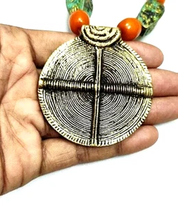Tibetan Tribal Banjara Brass Necklace Pendant Ethnic Handmade Gypsy Resin Beads - Picture 1 of 6