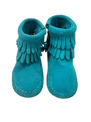 MOCASÍN MINNETONKA DOBLE FLECO Turquesa Cremallera Lateral BOTINES Infantil Tod Talla 4 Foto 1 de 4