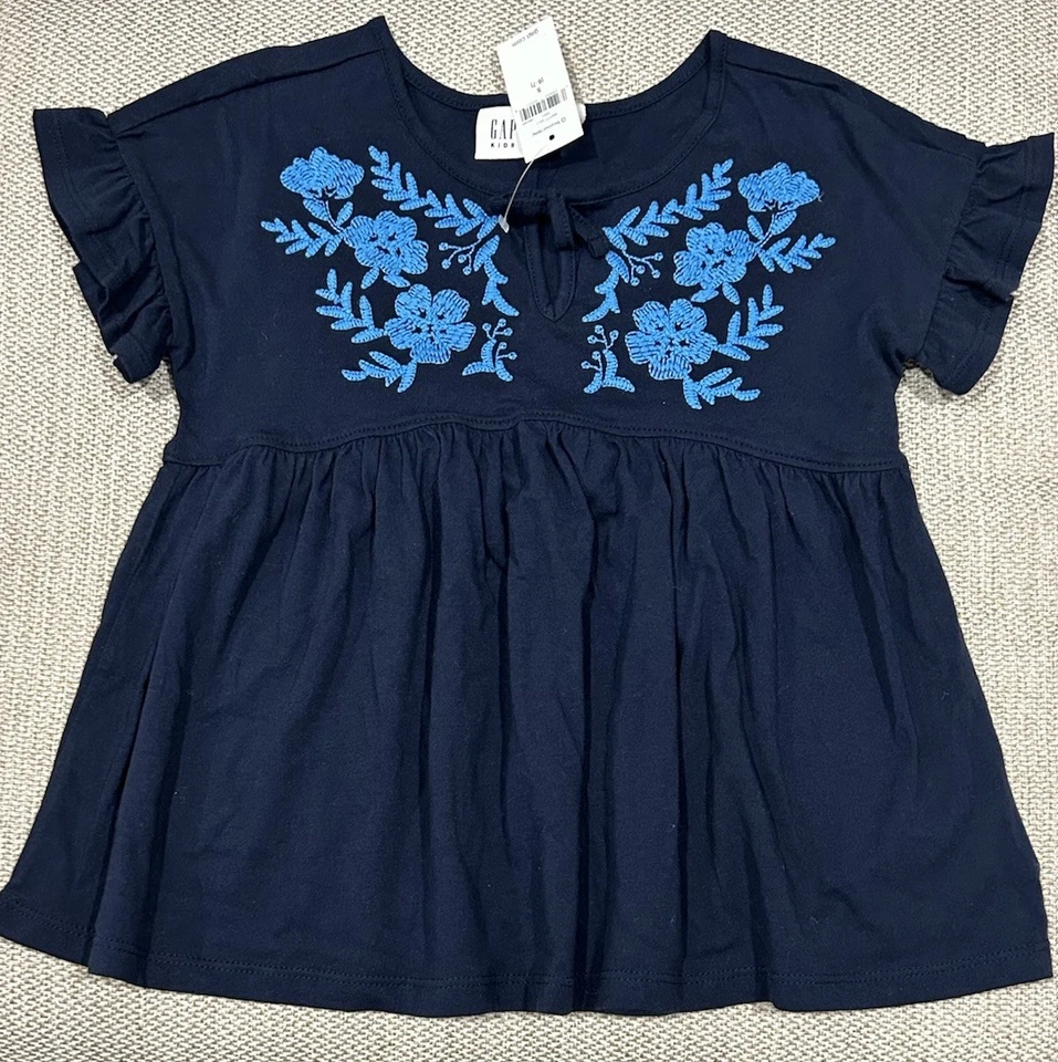 NEW Gap Kids Girl Small Size 6-7 Navy Blue Embroidery Top - Image 1 of 1