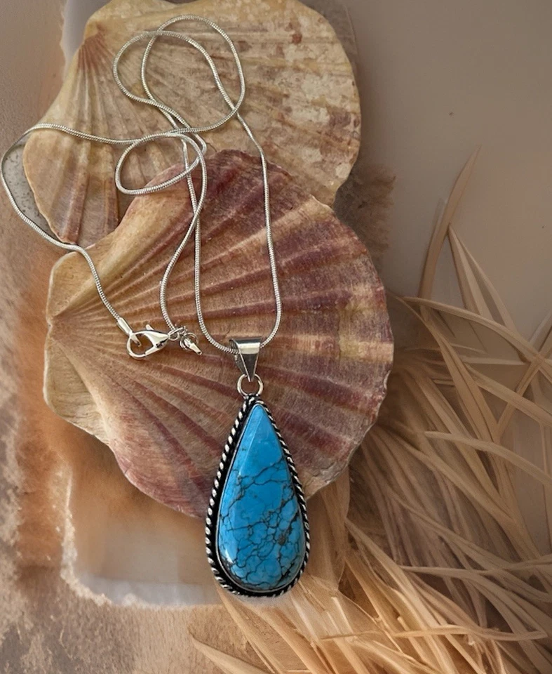 Collar Colgante de Piedras Preciosas Turquesa - Chapado en Plata de Ley 925 - Nuevo Foto 1 de 4