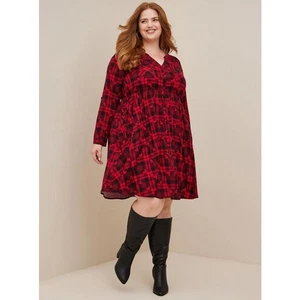 Torrid Sz 5X Disney Red Black Mickey Mouse Tartan Plaid Button Front Shirt Dress - Picture 1 of 10