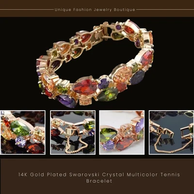 Brazalete Tenis Multicolor Chapado en Oro 14K Cristal Swarovski Joyería de Lujo Regalo Foto 1 de 4