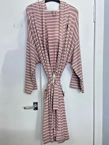 Super soft BNWT M&S dusky pink stripe flexifit hooded dressing gown robe 20-22 - Picture 1 of 4