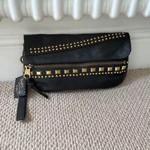 Womens Faith Clutch Bag Black Handbag Leather Gold Studded Envelope Flap Zip - Picture 1 of 9