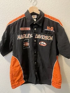 Harley Davidson Racing button Down Shirt Vintage Youth large Orange Black - Picture 1 of 9