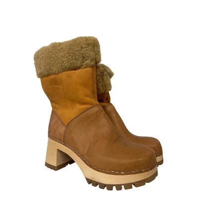 Botas suecas hasbeens shearling tamanco tamanho 38 marrom puxar em couro camurça pele bronzeada - Imagem 1 de 4