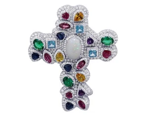 Multi-Gems 12 1/10 CT n 8 1/4 CT Diamonds 3D Cross Pendant 14k White Gold 2.5" - Picture 1 of 4