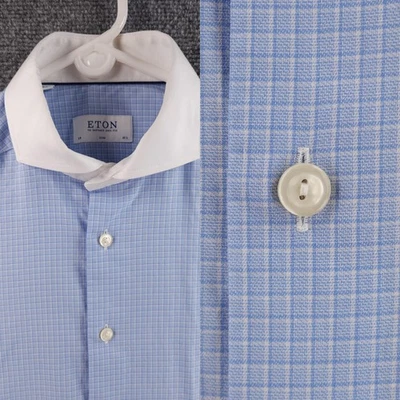 Eton Check 15.5 对比领签名斜纹修身可调式袖口男式蓝色 — 第 1/4 张图片